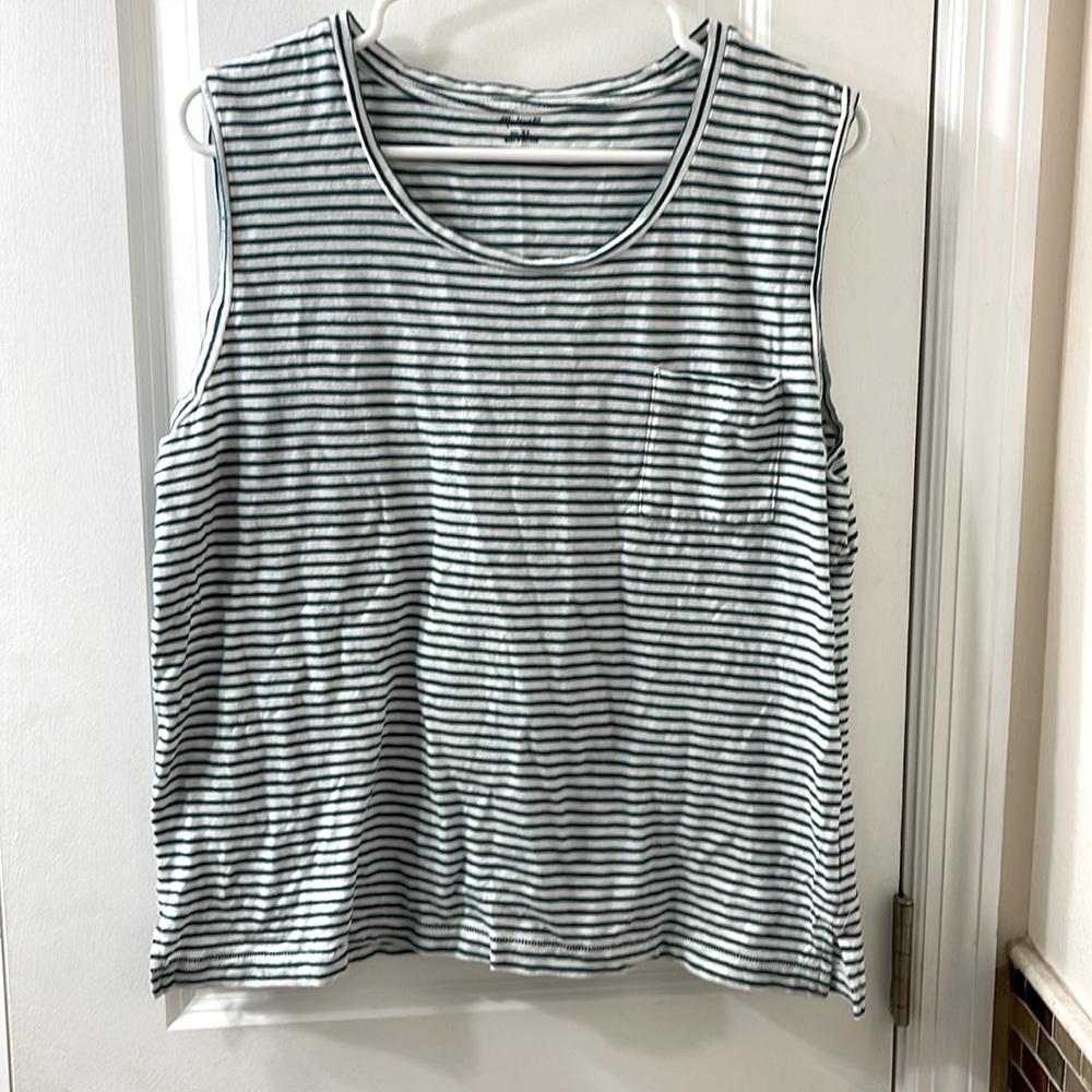 Madewell 100% cotton tank top. White w. teal stripes. Size XL.